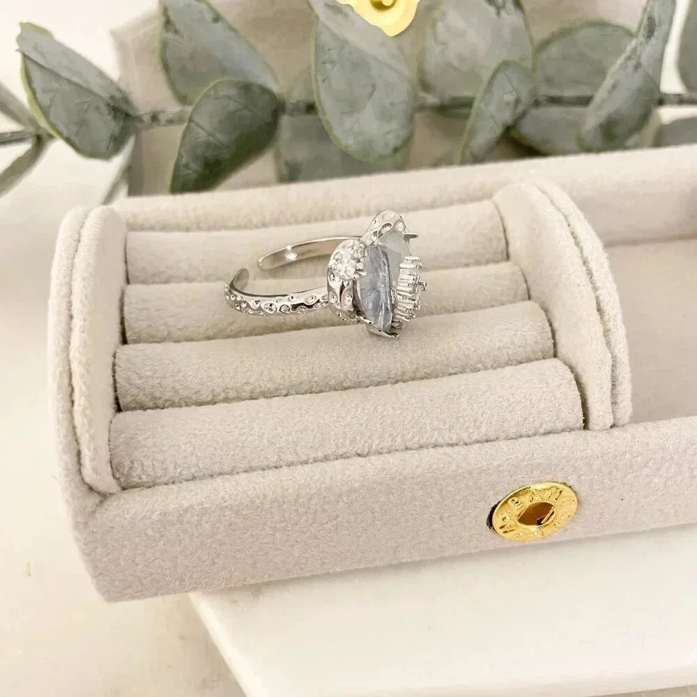 925 Sterling Silver Crystal Heart Ring Geometric Modern Heart Ring Adjustable - Picture 9 of 11
